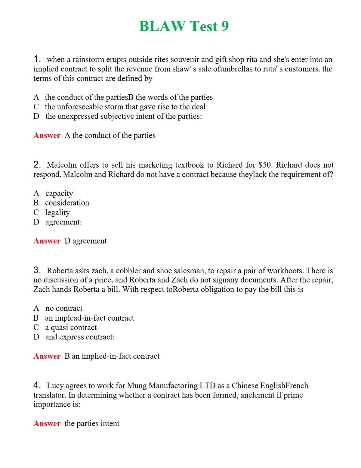 BLAW Test 9 | Actual Questions and Verified Answers ( Included ) 100% Correct