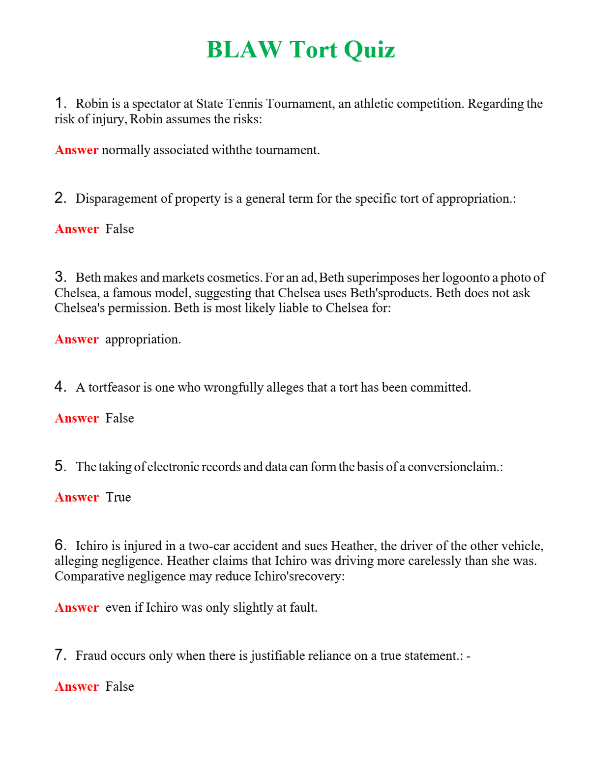 BLAW Tort Quiz | Actual Questions and Verified Answers ( Included ) 100% Correct