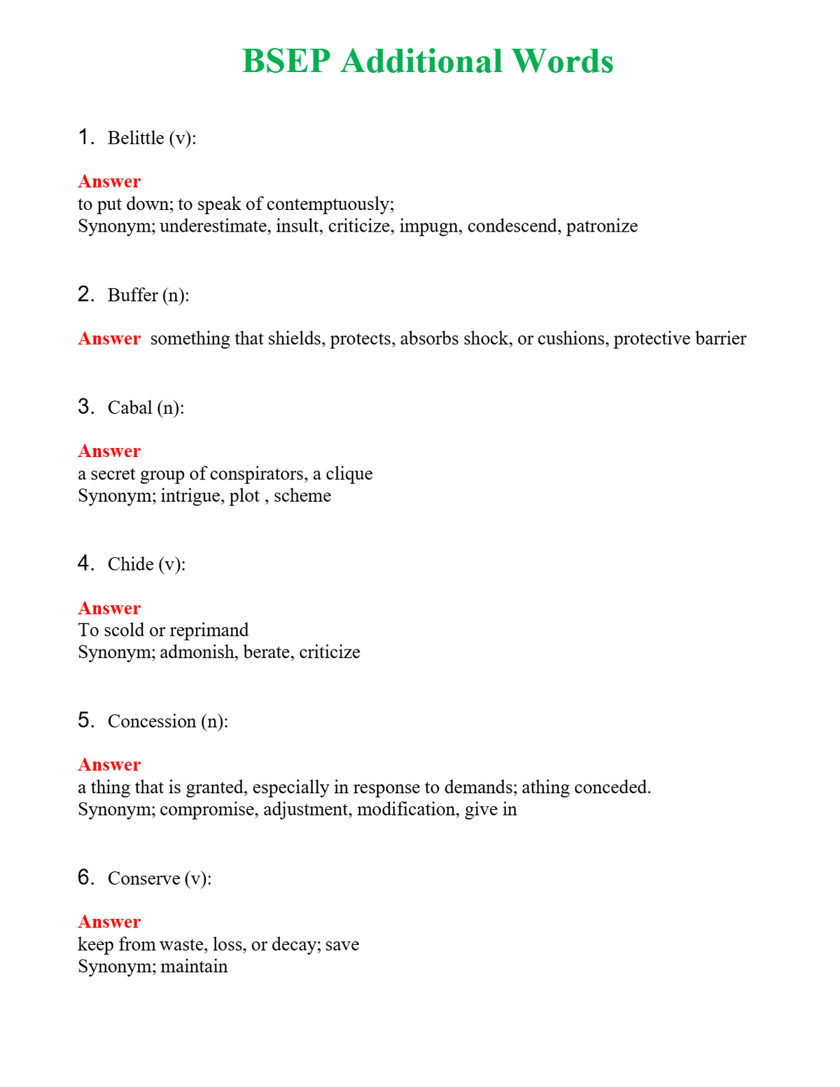 BSEP Additional Words Questions With Complete Grade A+ Answers