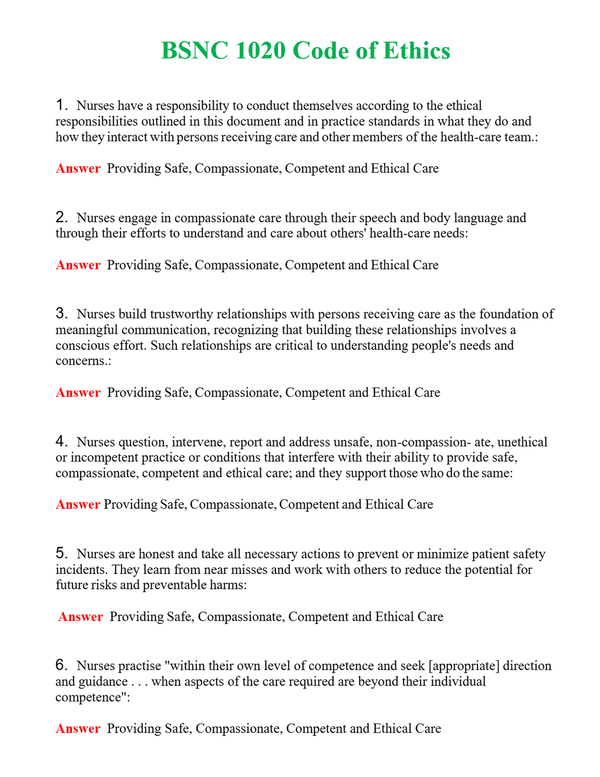 BSNC 1020 Code of Ethics Questions With Complete Grade A+ Answers