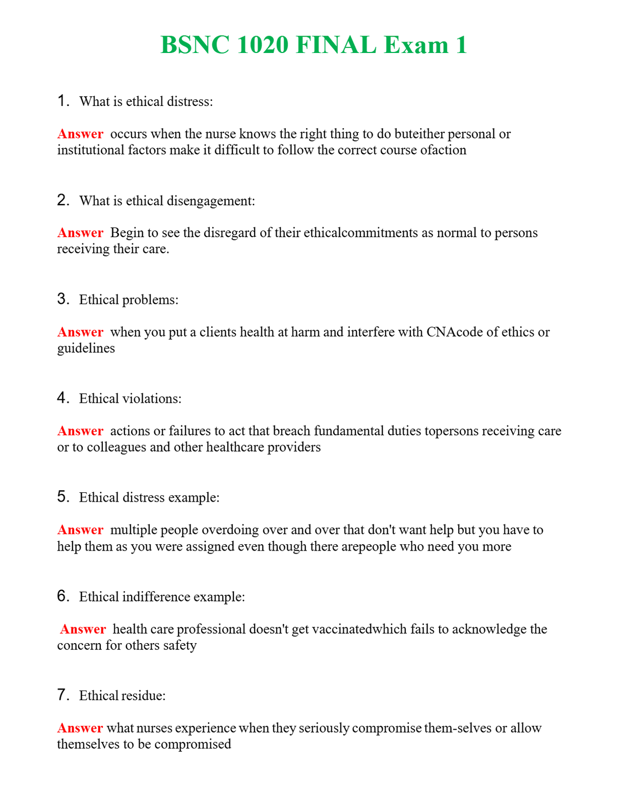 BSNC 1020 FINAL Exam 1 Questions With Complete Grade A+ Answers