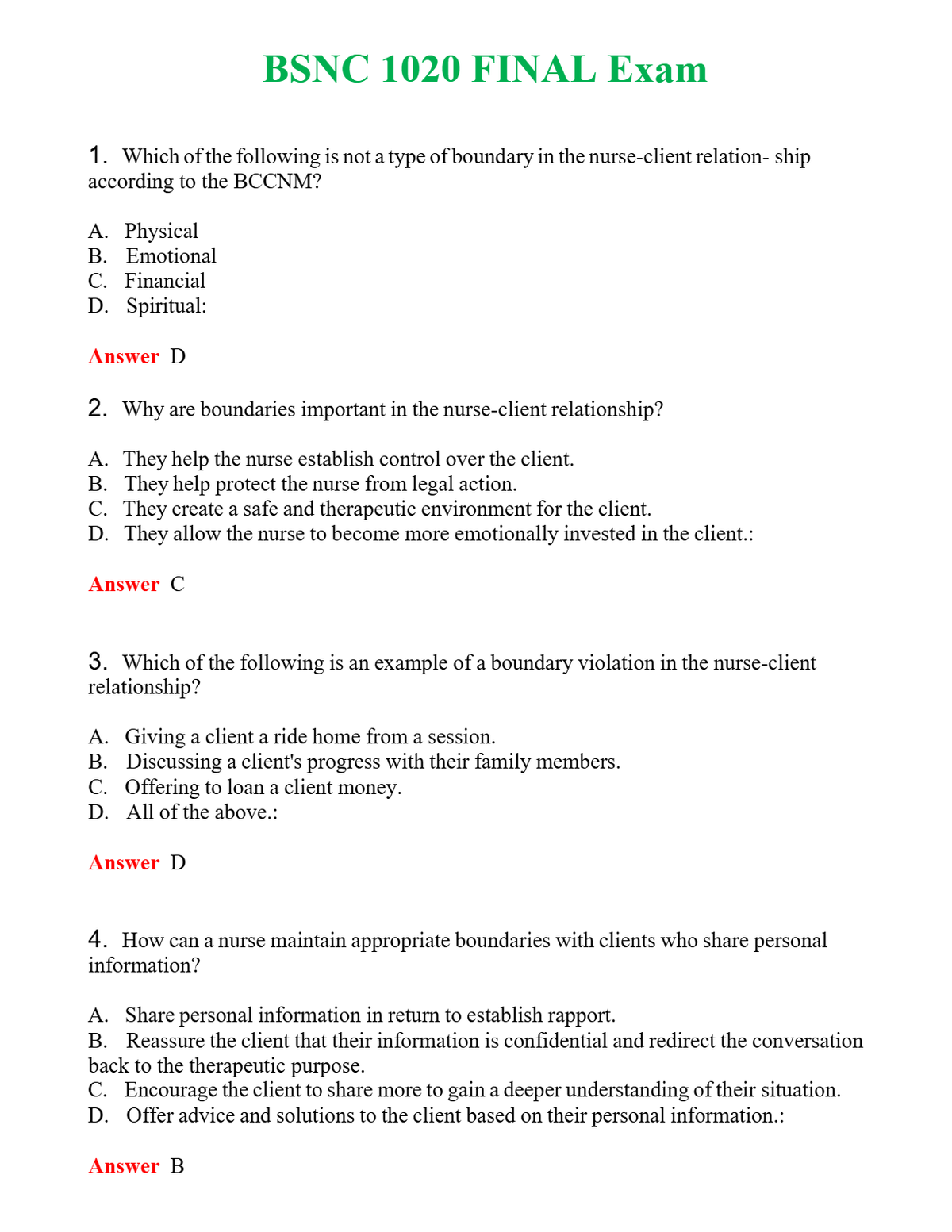 BSNC 1020 FINAL Exam Questions With Complete Grade A+ Answers