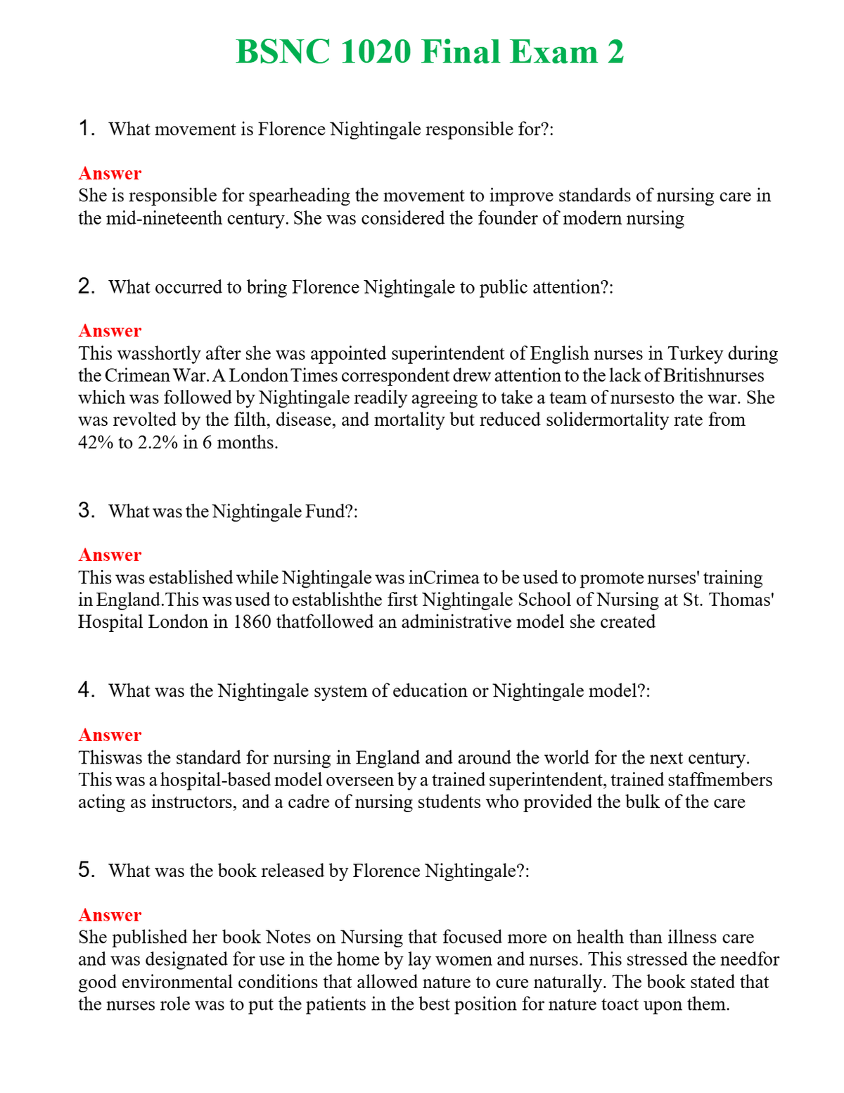 BSNC 1020 Final Exam 2 Questions With Complete Grade A+ Answers