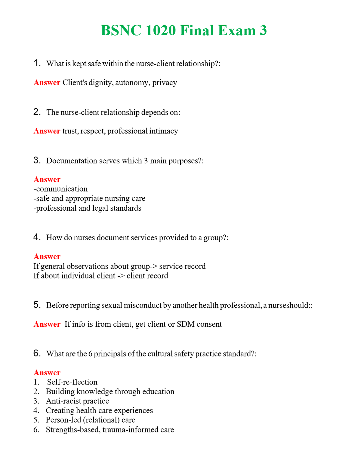 BSNC 1020 Final Exam 3 Questions With Complete Grade A+ Answers