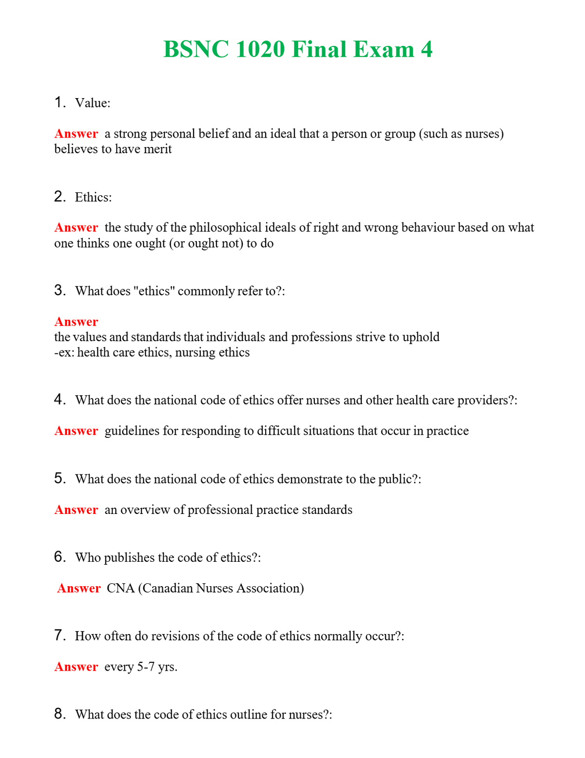 BSNC 1020 Final Exam 4 Questions With Complete Grade A+ Answers