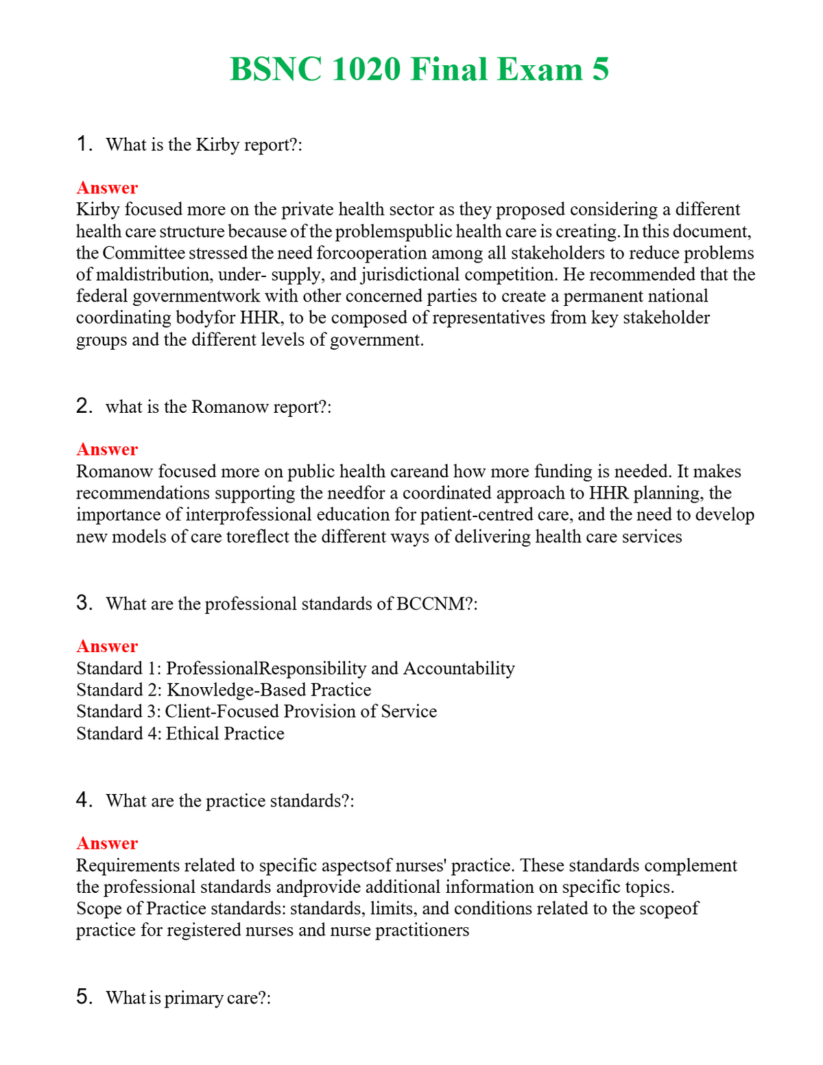 BSNC 1020 Final Exam 5 Questions With Complete Grade A+ Answers
