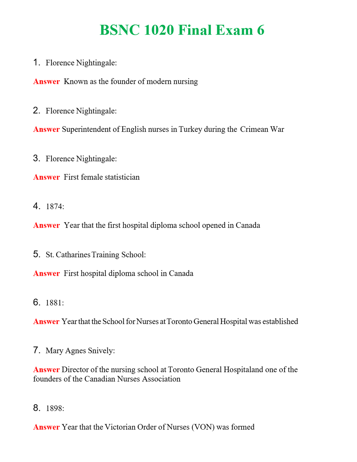 BSNC 1020 Final Exam 6 Questions With Complete Grade A+ Answers