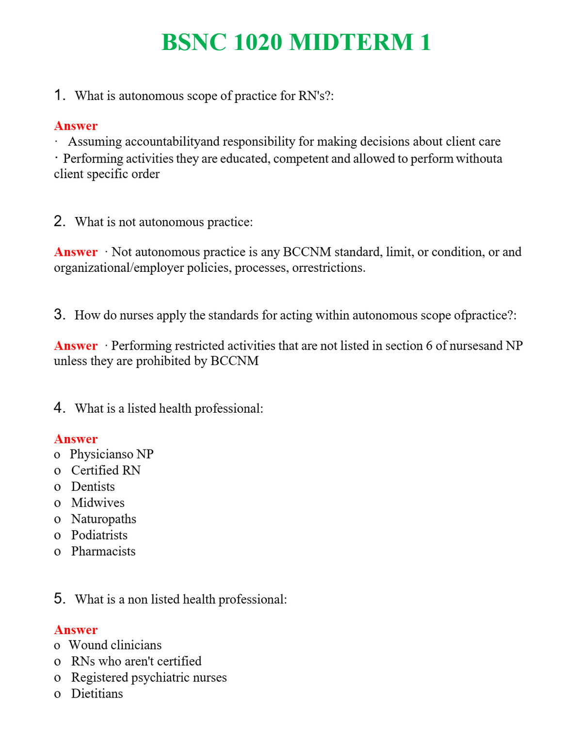 BSNC 1020 MIDTERM 1 Questions With Complete Grade A+ Answers