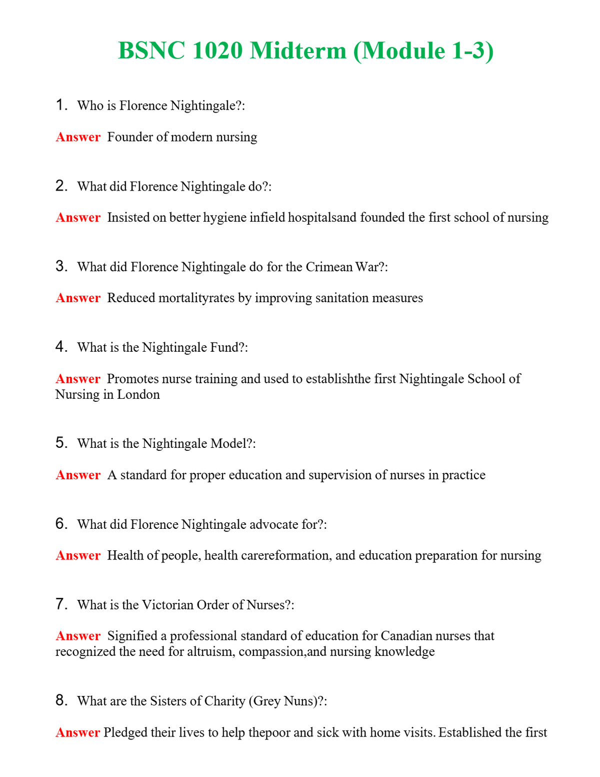 BSNC 1020 Midterm (Module 1-3) Questions With Complete Grade A+ Answers