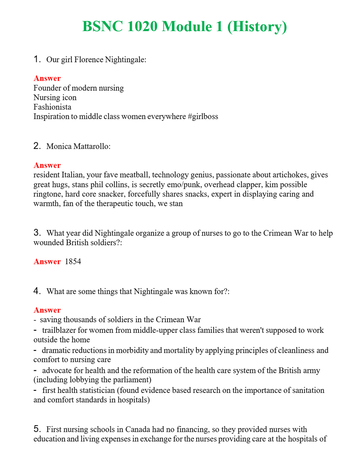 BSNC 1020 Module 1 (History) Questions With Complete Grade A+ Answers