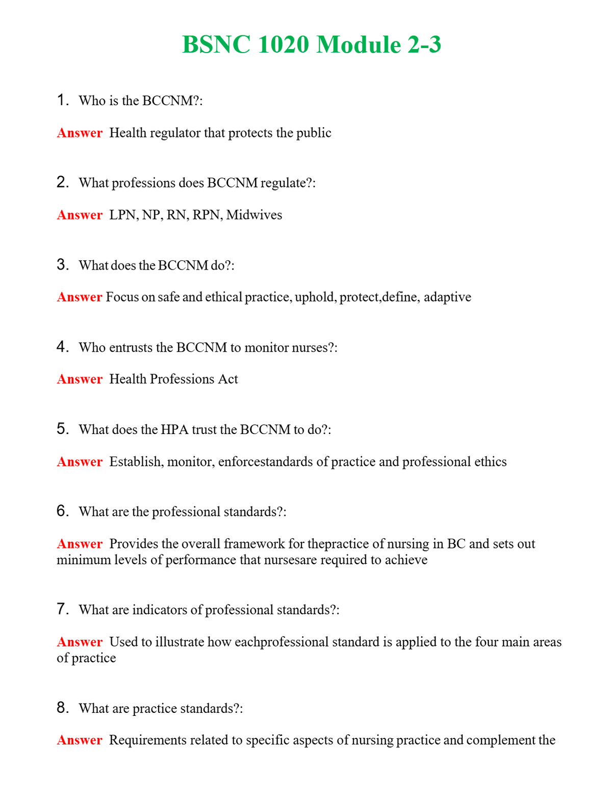 BSNC 1020 Module 2-3 Questions With Complete Grade A+ Answers