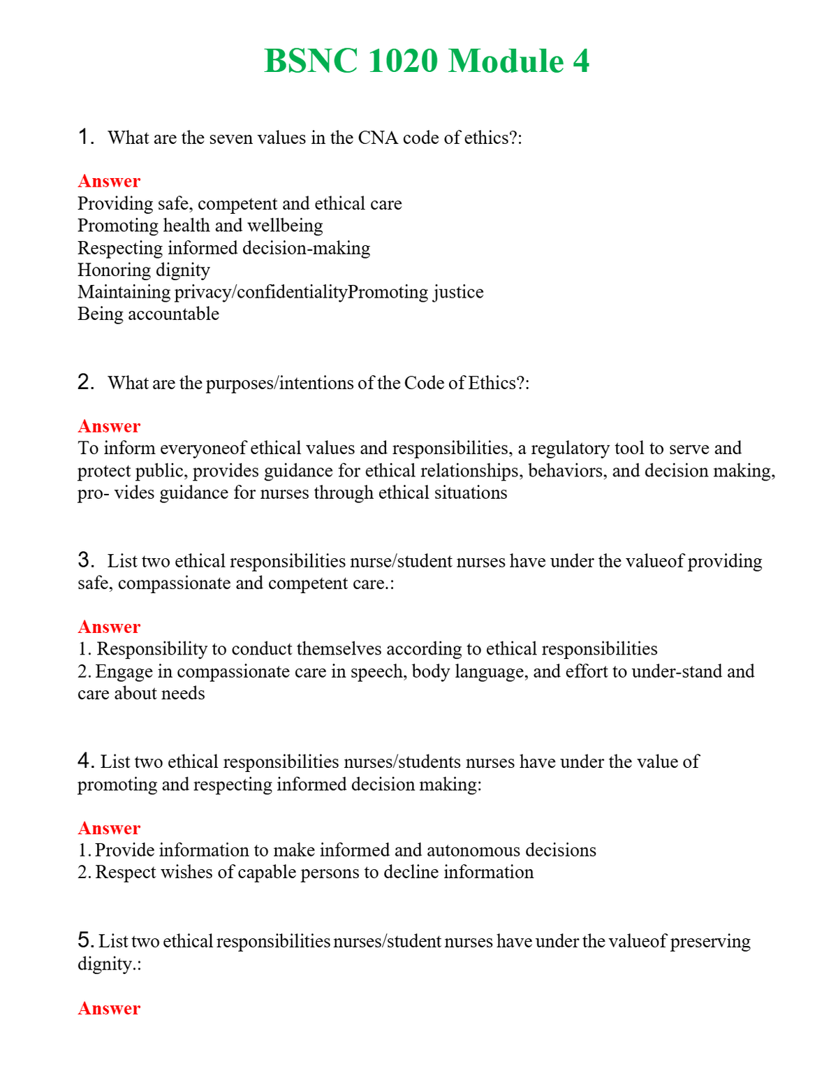 BSNC 1020 Module 4 Questions With Complete Grade A+ Answers