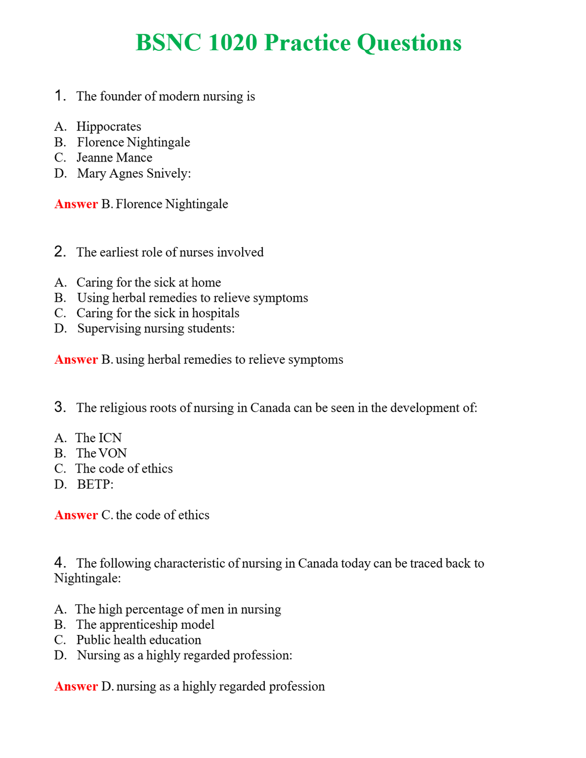 BSNC 1020 Practice Questions Questions With Complete Grade A+ Answers