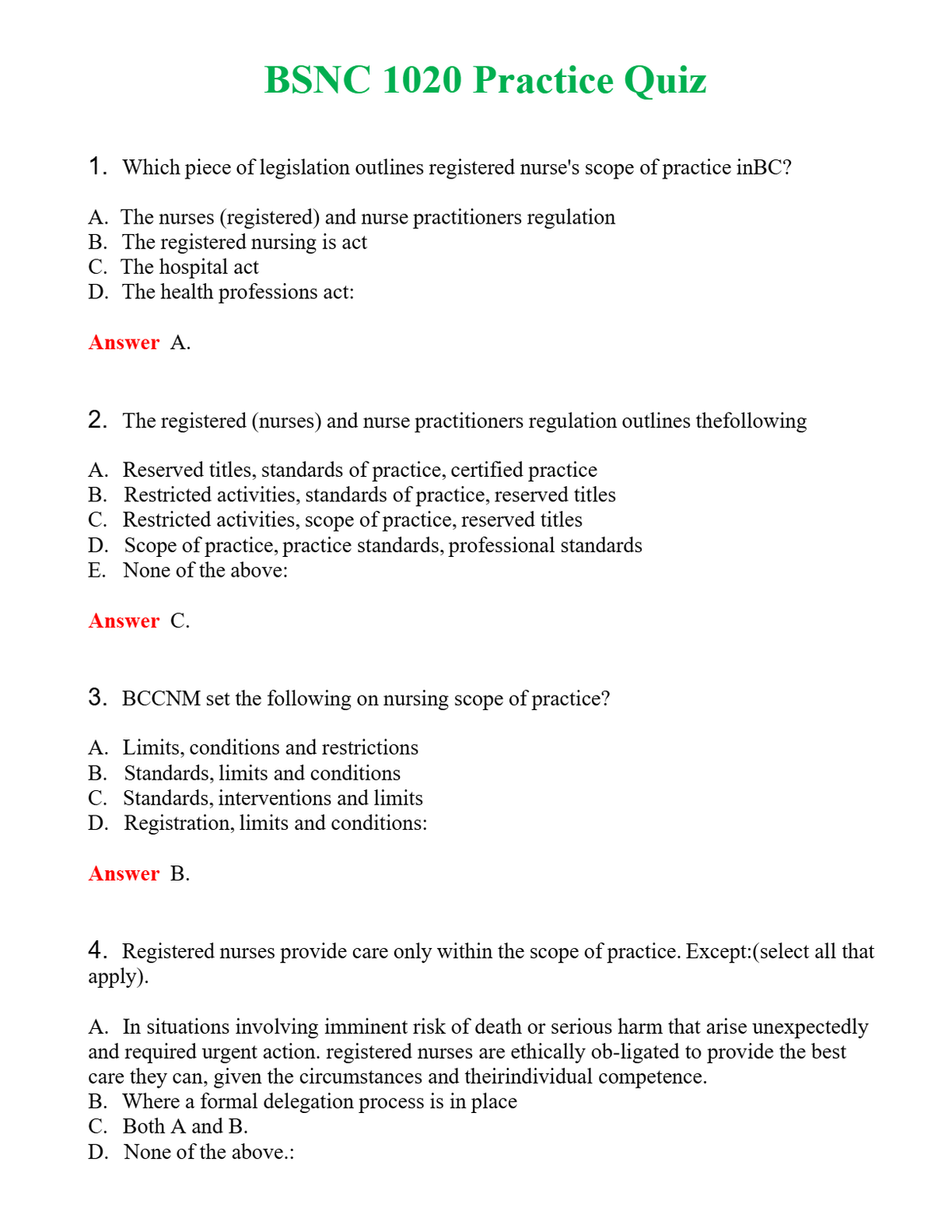 BSNC 1020 Practice Quiz Questions With Complete Grade A+ Answers