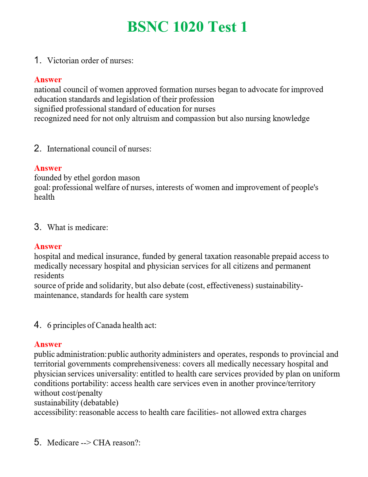 BSNC 1020 Test 1 Questions With Complete Grade A+ Answers