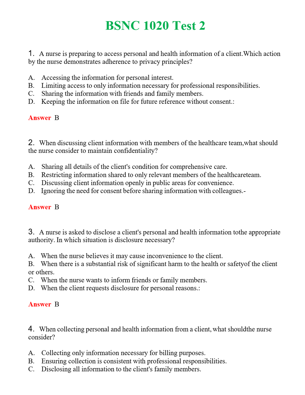 BSNC 1020 Test 2 Questions With Complete Grade A+ Answers