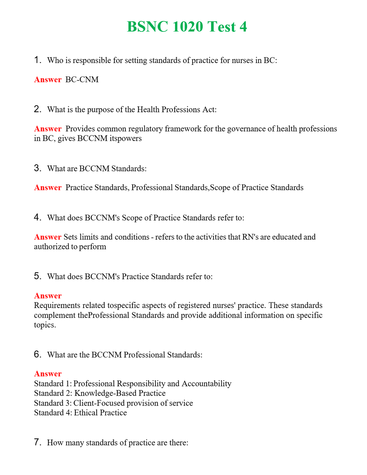 BSNC 1020 Test 4 Questions With Complete Grade A+ Answers