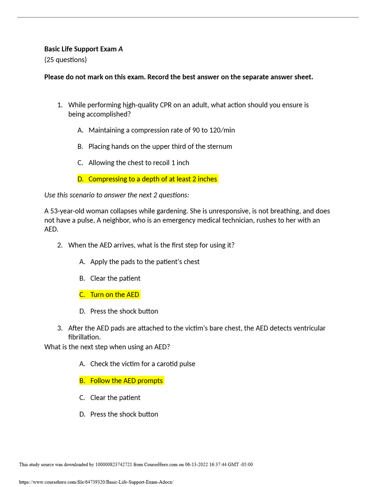 Basic Life Support Exam A (25 questions). Questions and answers, Graded A+ Updated