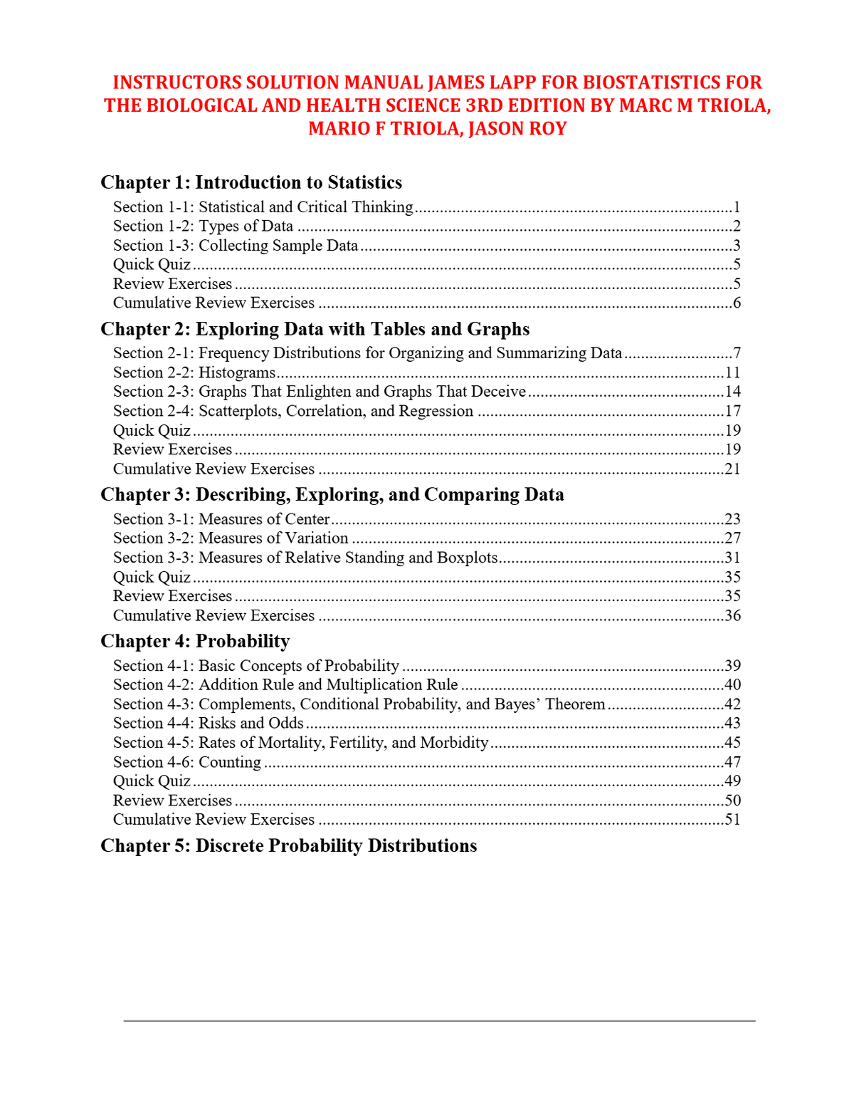 Biostatistics For The Biological And Health Sciences 3rd Edition By Marc M. Triola, Mario F. Triola, Jason Roy Chapter 1-14 INSTRUCTORS SOLUTIONS MANUAL