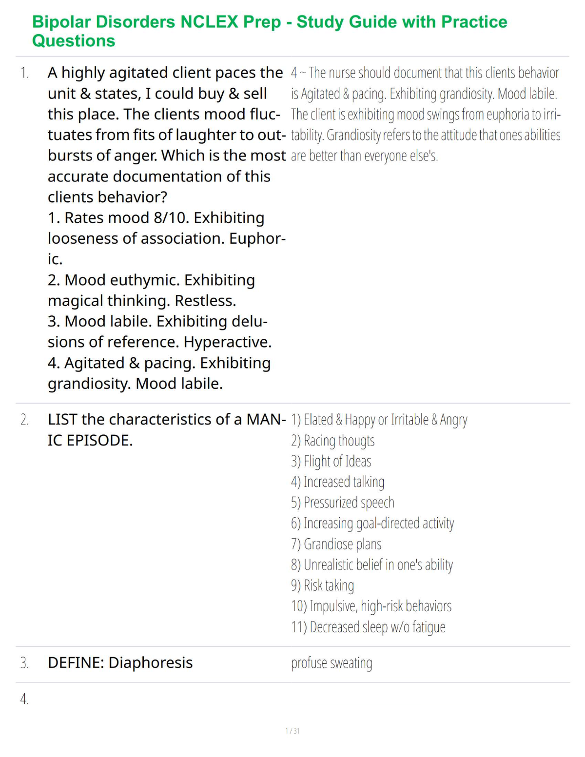 Bipolar Disorders NCLEX Prep - Study Guide with Practice Questions