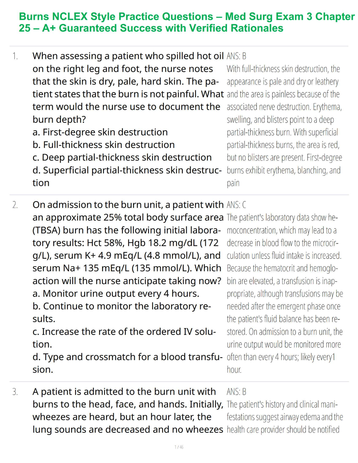 Burns NCLEX Style Practice Questions – Med Surg Exam 3 Chapter 25 – A+ Guaranteed Success with Verified Rationales