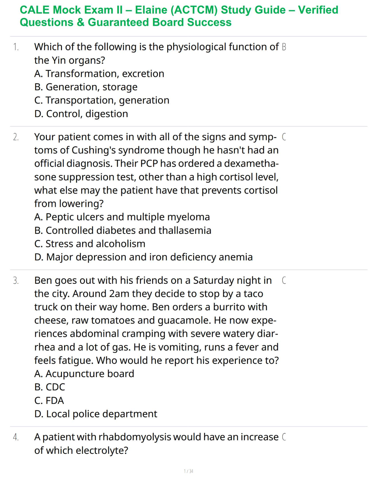 CALE Mock Exam II – Elaine (ACTCM) Study Guide – Verified Questions & Guaranteed Board Success