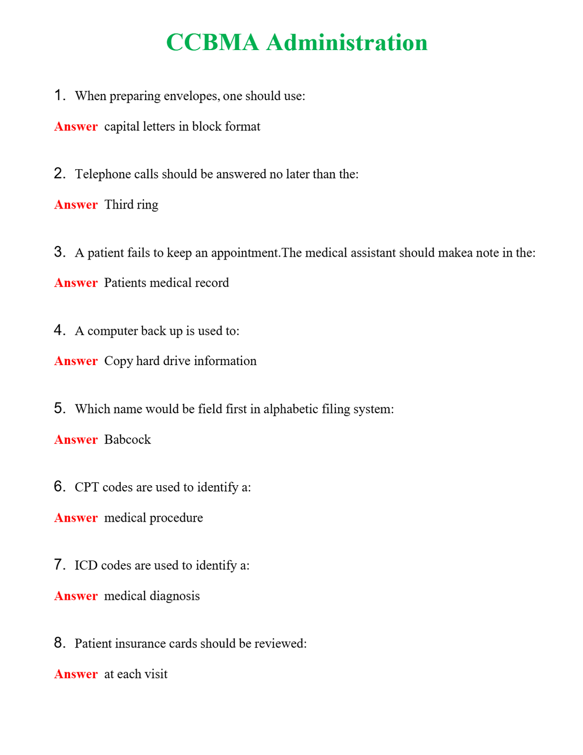CCBMA Administration | Actual Questions and Verified Answers ( Included ) 100% Correct