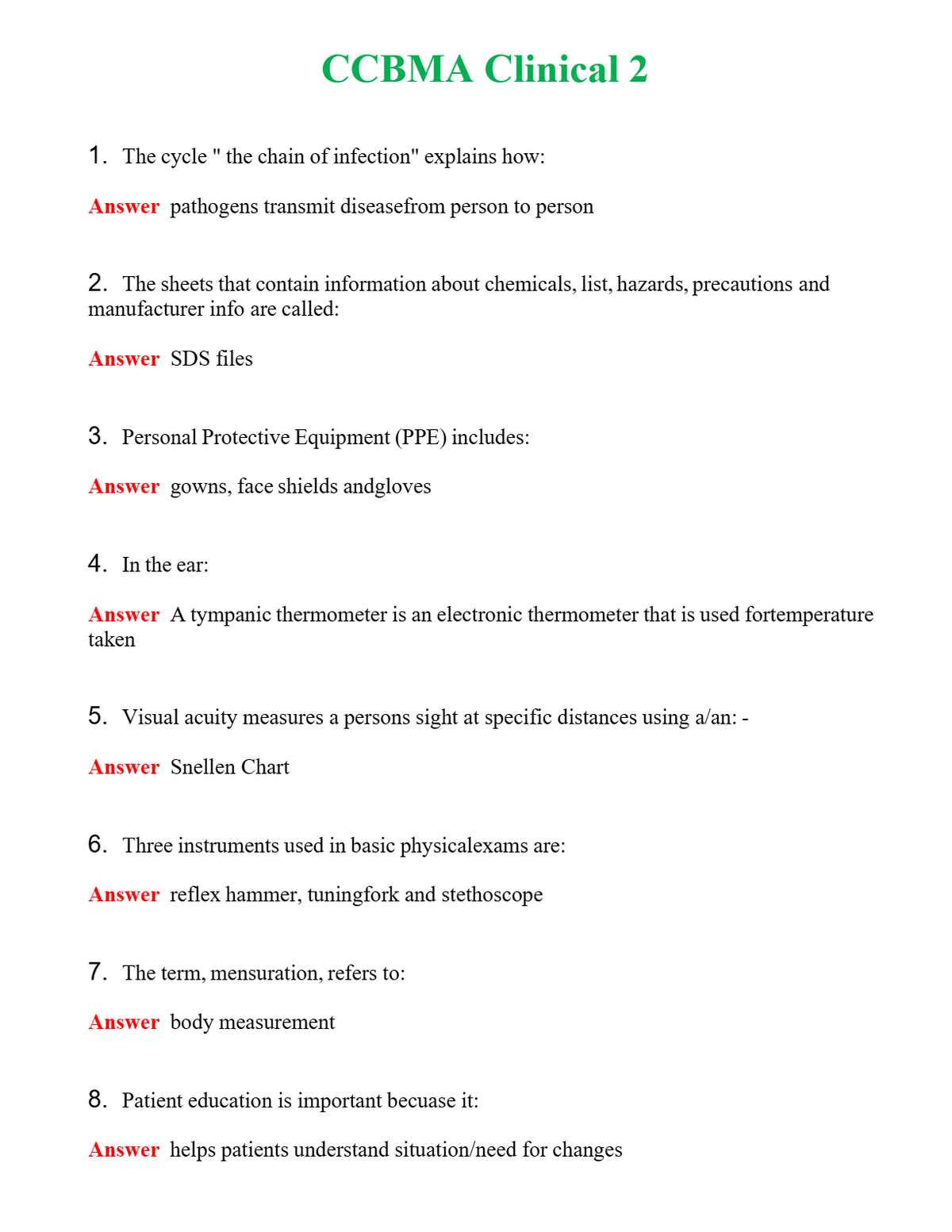 CCBMA Clinical 2 | Actual Questions and Verified Answers ( Included ) 100% Correct