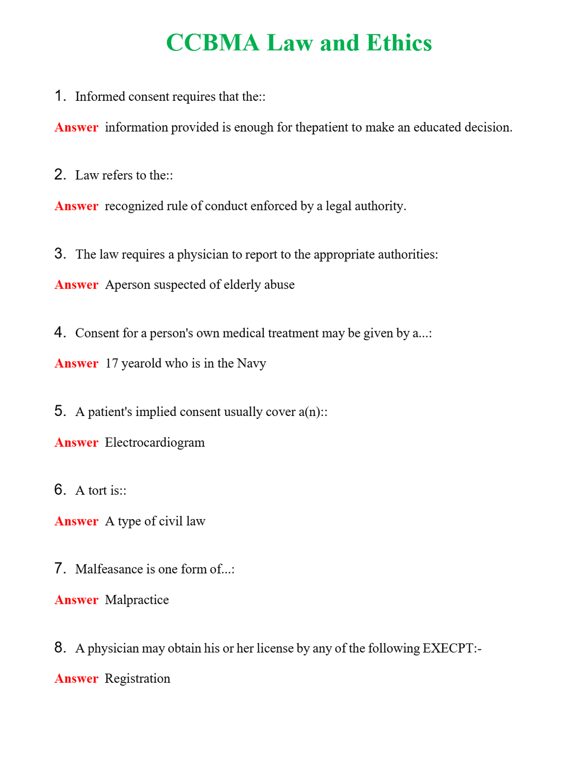 CCBMA Law and Ethics | Actual Questions and Verified Answers ( Included ) 100% Correct