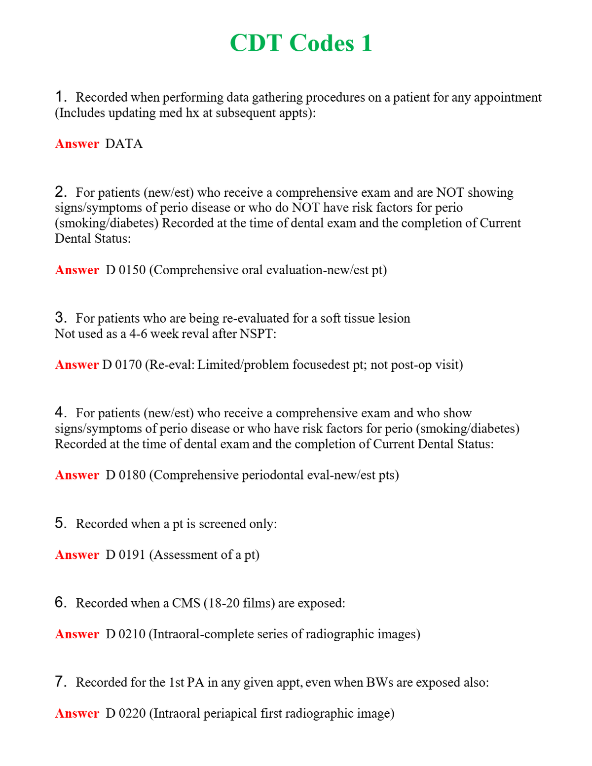 CDT Codes 1 Questions With Complete Grade A+ Answers