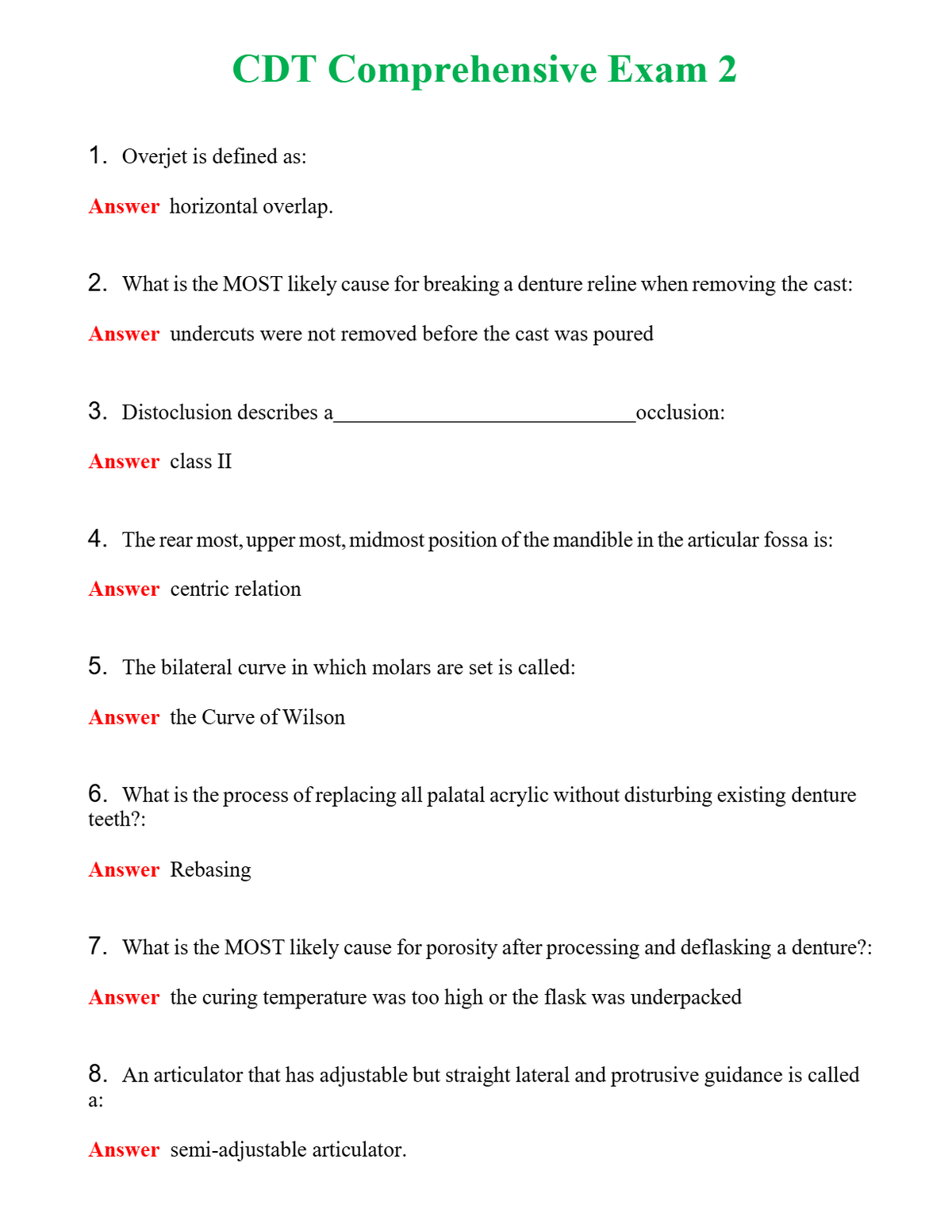CDT Comprehensive Exam 2 Questions With Complete Grade A+ Answers