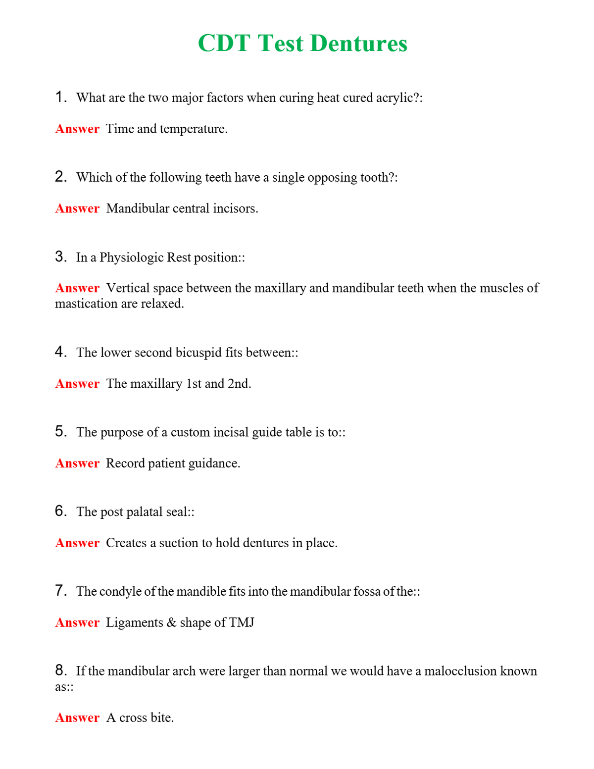 CDT Test Dentures Questions With Complete Grade A+ Answers