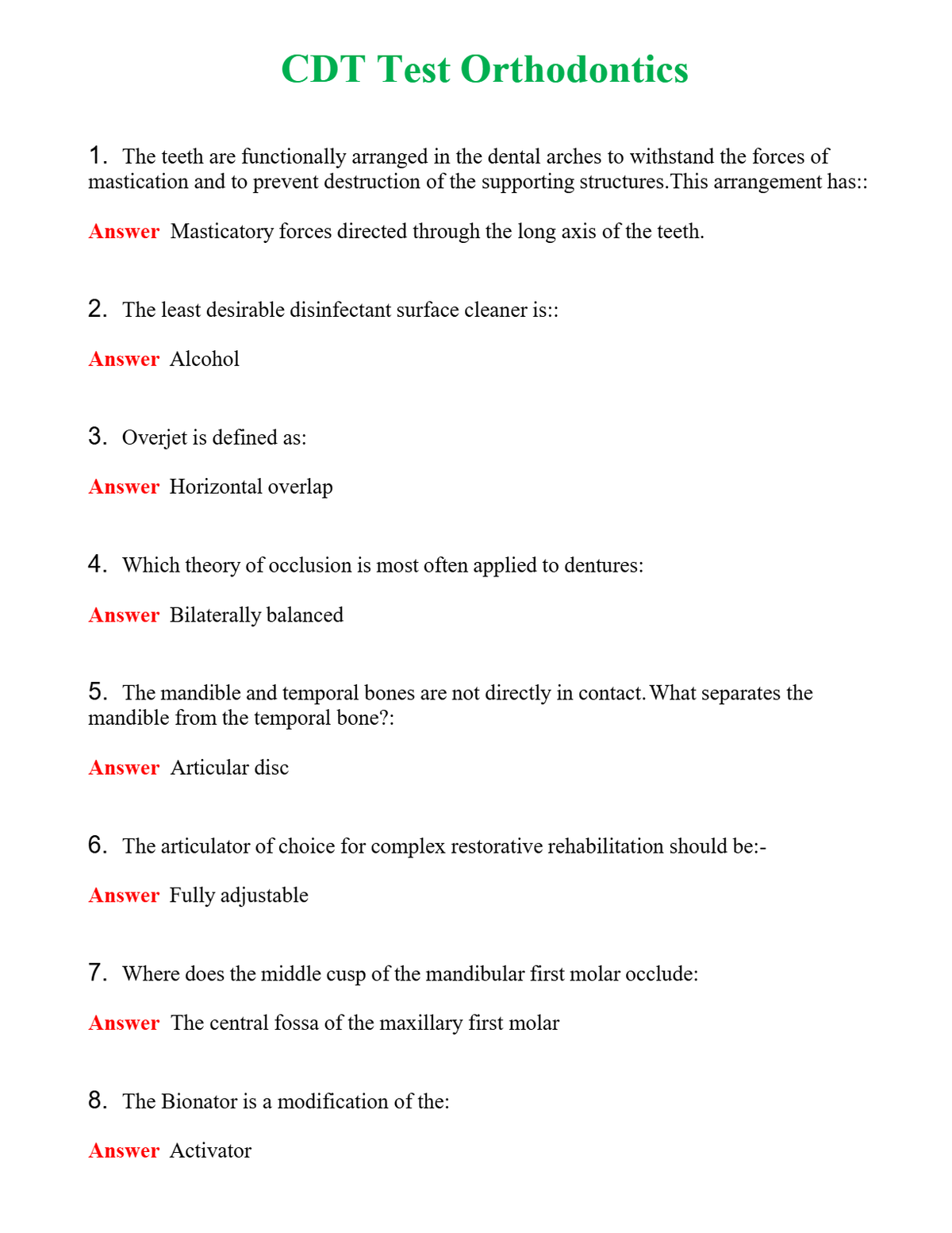 CDT Test Orthodontics Questions With Complete Grade A+ Answers