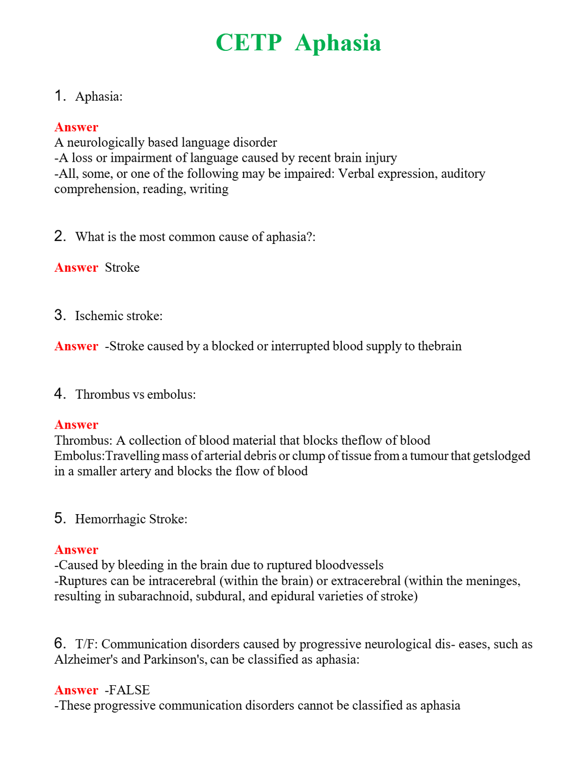 CETP Aphasia | Actual Questions and Verified Answers ( Included ) 100% Correct