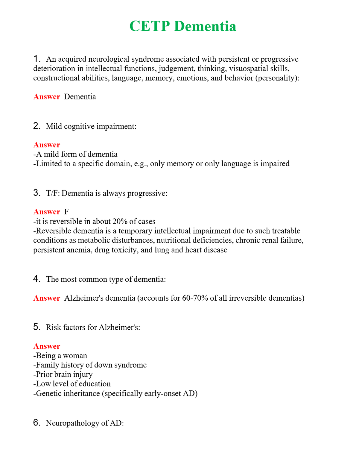 CETP Dementia | Actual Questions and Verified Answers ( Included ) 100% Correct