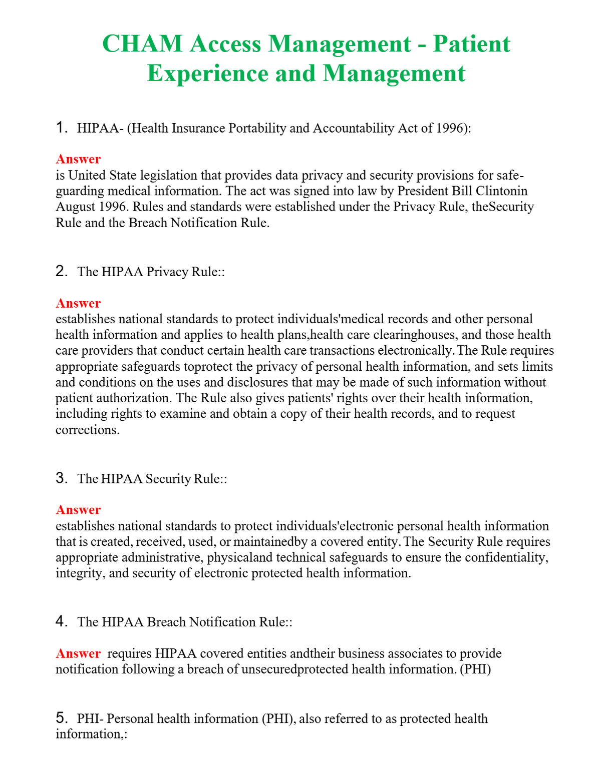 CHAM Access Management - Patient Experience and Management Questions With Complete Grade A+ Answers