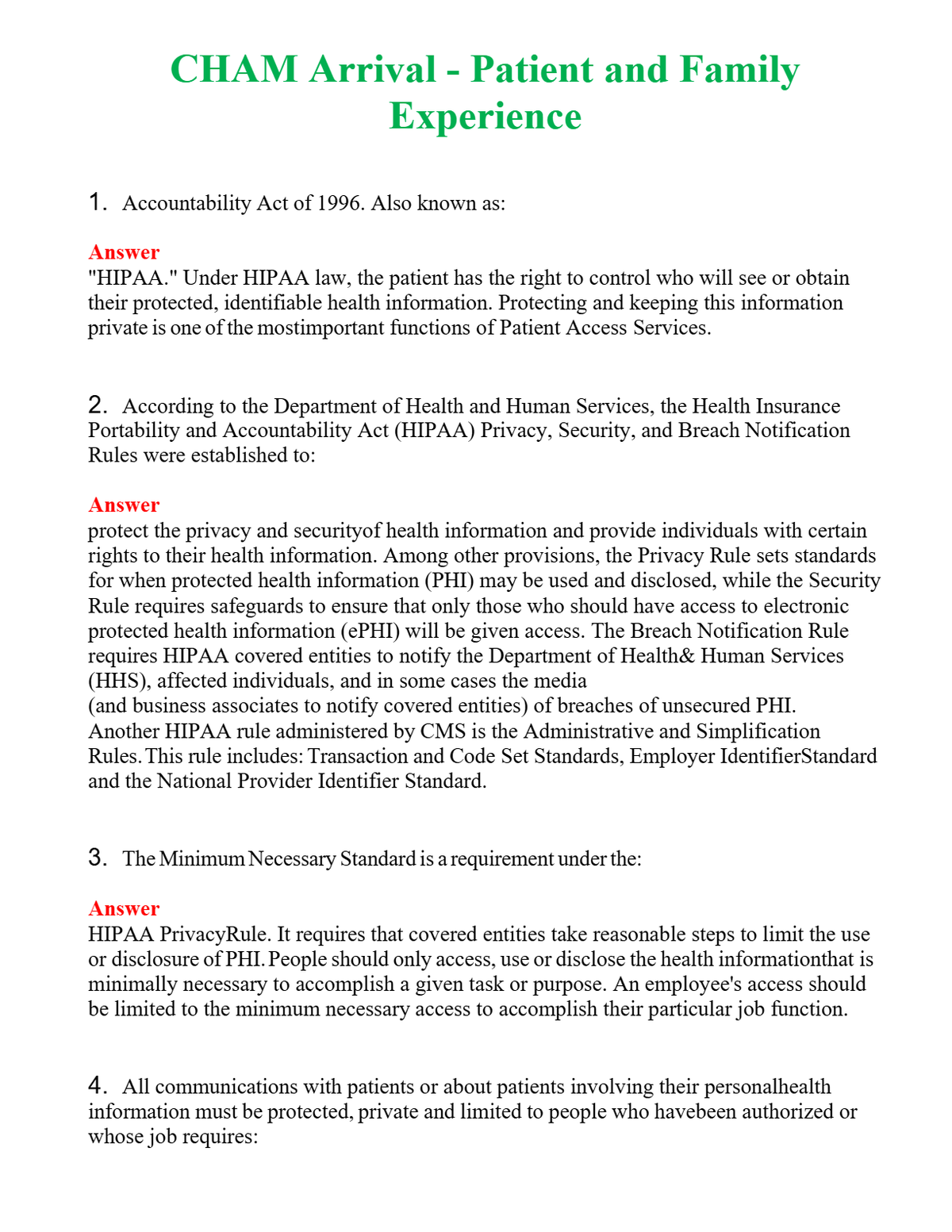 CHAM Arrival - Patient and Family Experience Questions With Complete Grade A+ Answers