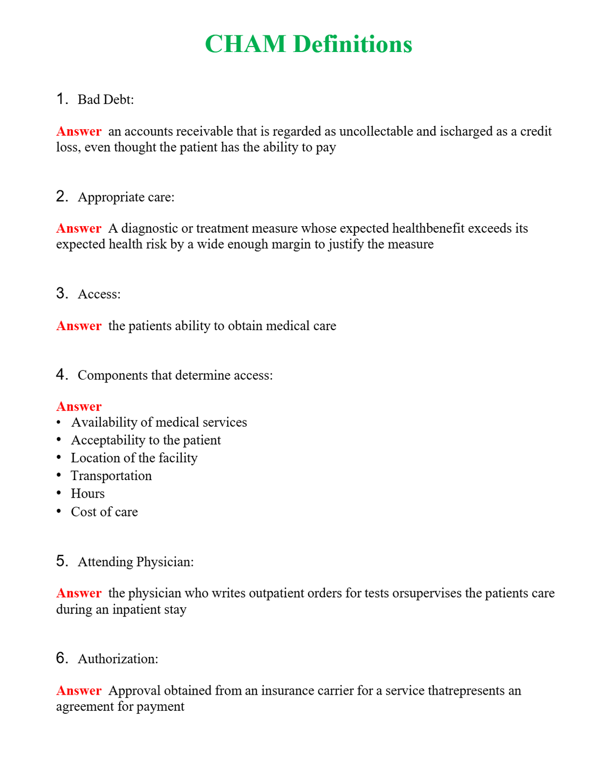 CHAM Definitions Questions With Complete Grade A+ Answers