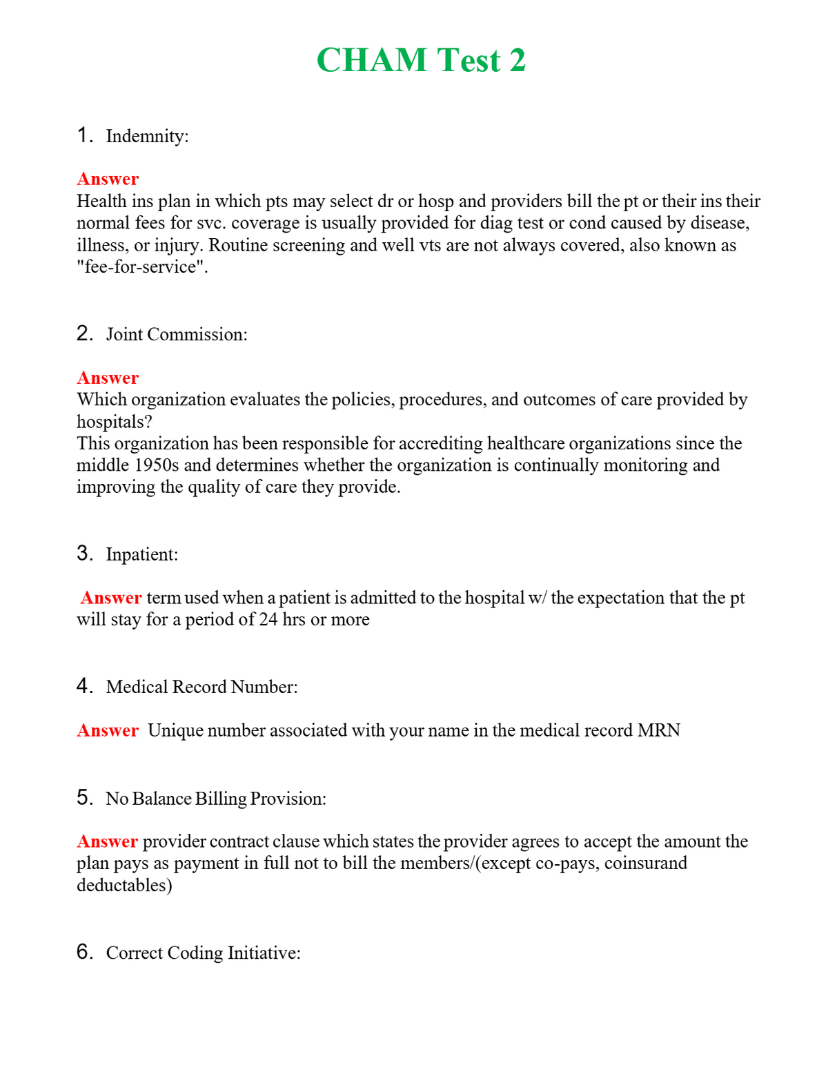 CHAM Test 2 Questions With Complete Grade A+ Answers