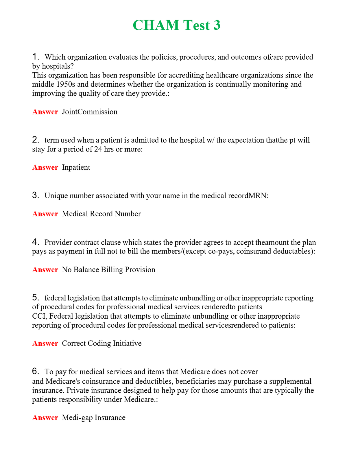CHAM Test 3 Questions With Complete Grade A+ Answers