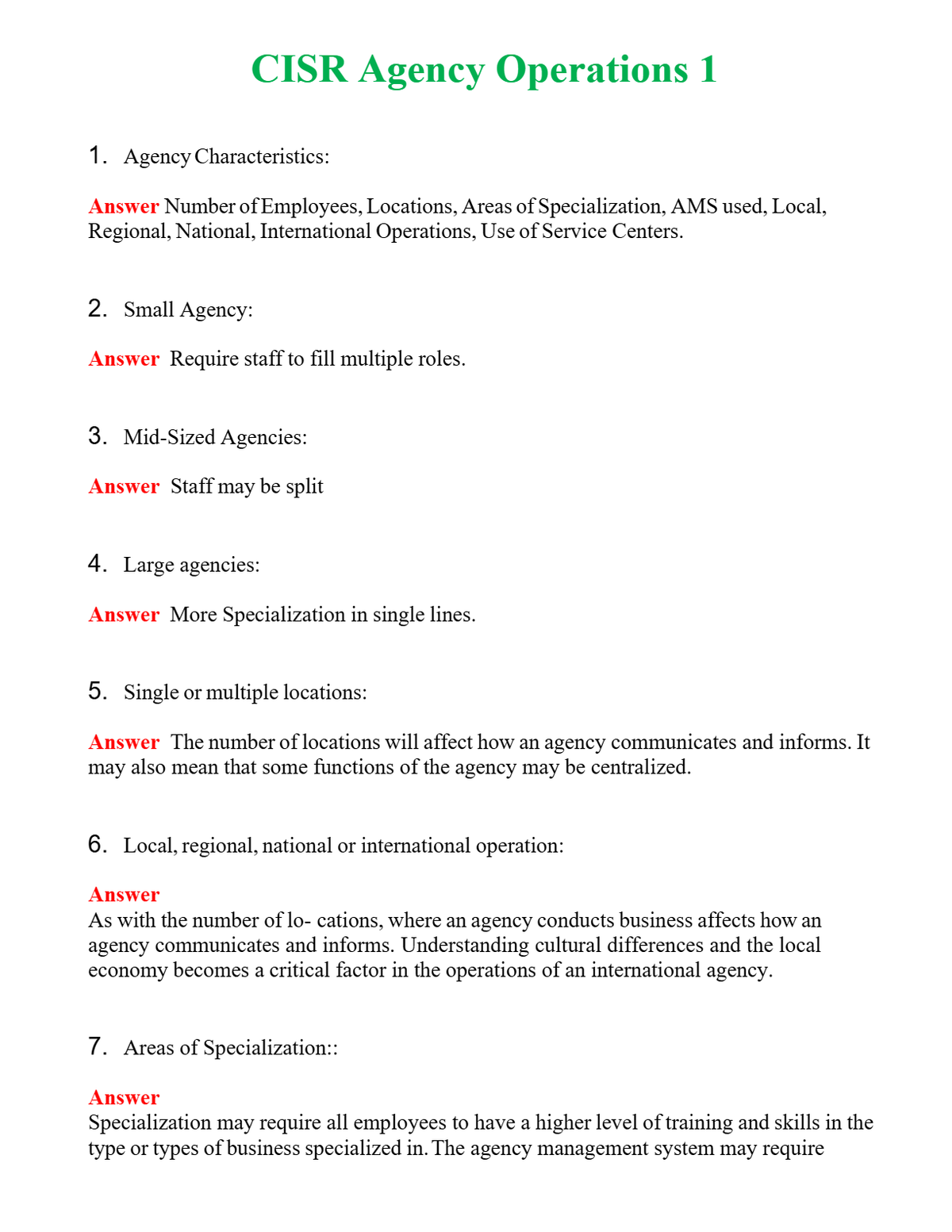 CISR Agency Operations 1 Questions With Complete Grade A+ Answers