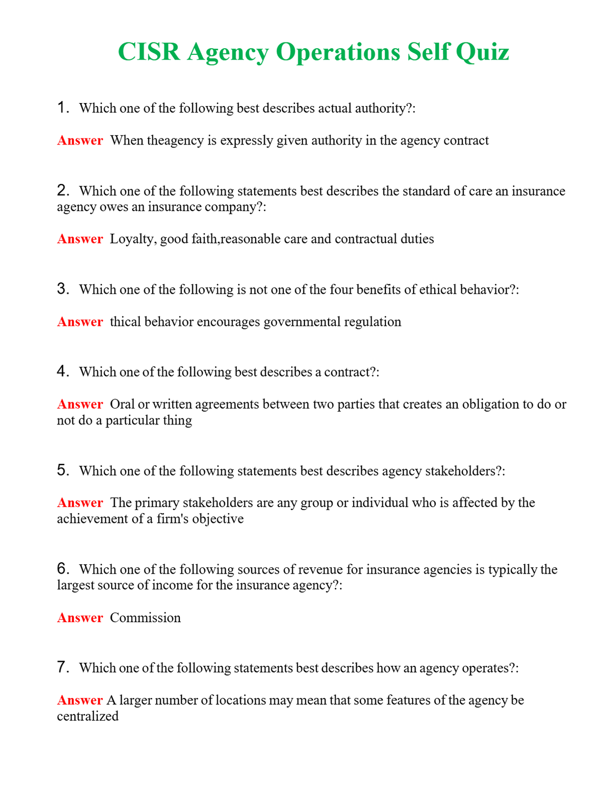 CISR Agency Operations Self Quiz Questions With Complete Grade A+ Answers