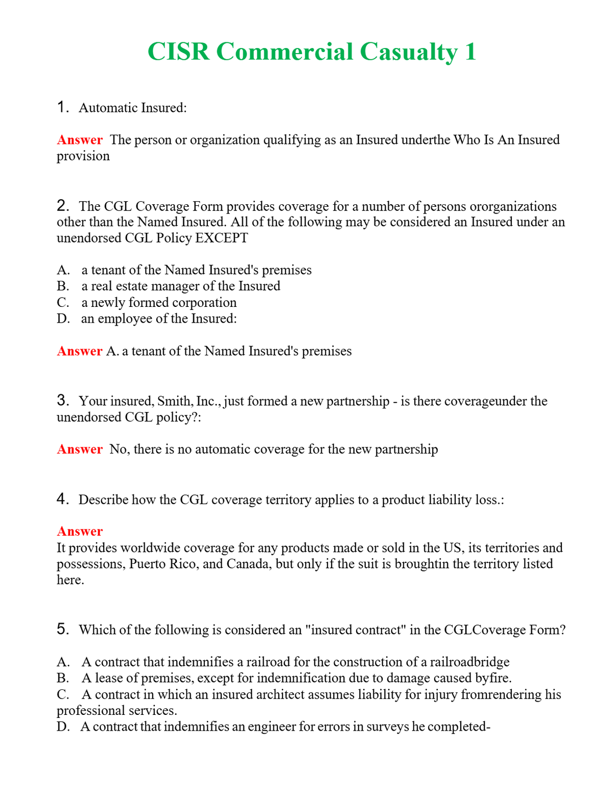 CISR Commercial Casualty 1 Questions With Complete Grade A+ Answers