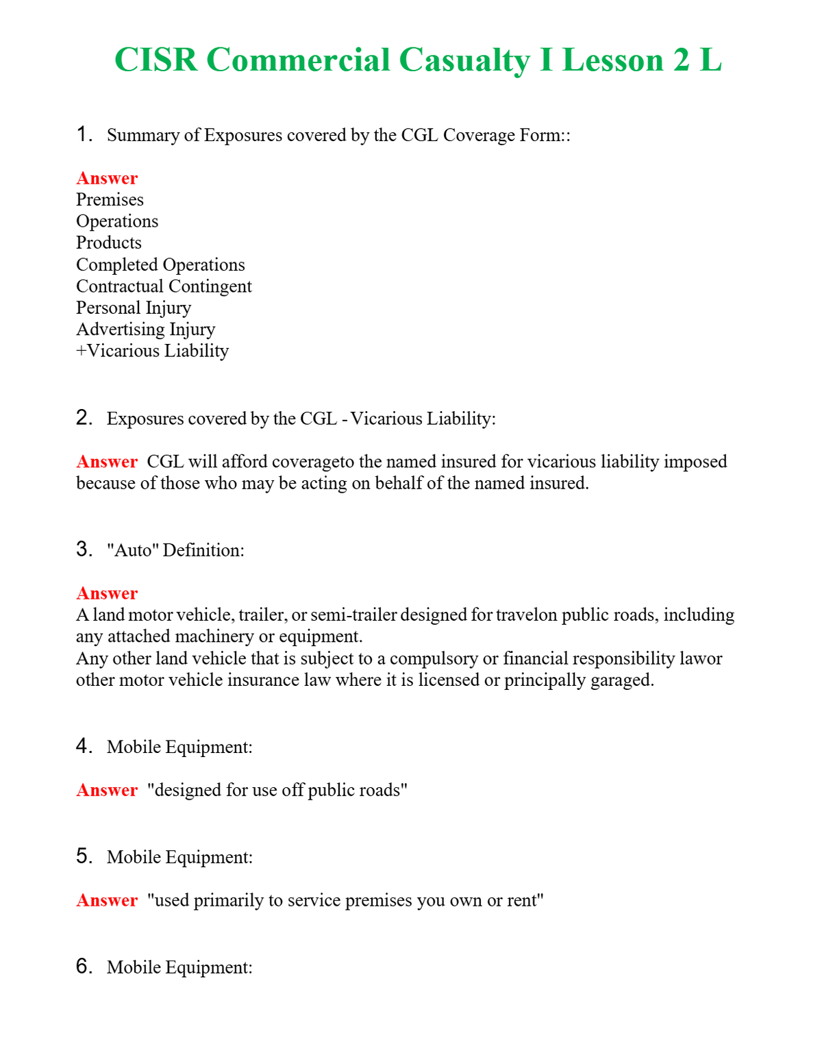 CISR Commercial Casualty I Lesson 2 L Questions With Complete Grade A+ Answers