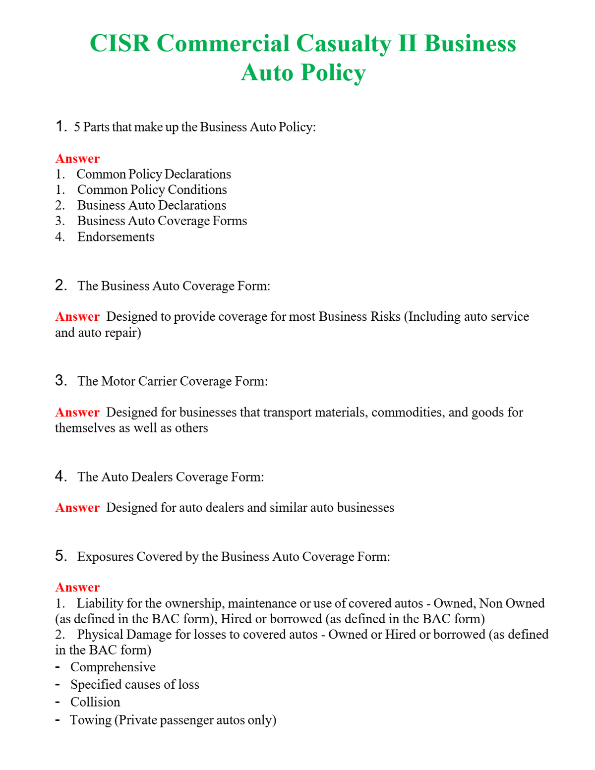 CISR Commercial Casualty II Business Auto Policy Questions With Complete Grade A+ Answers