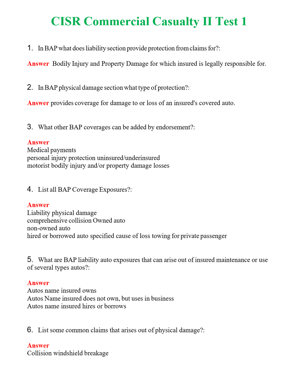 CISR Commercial Casualty II Test 1 Questions With Complete Grade A+ Answers