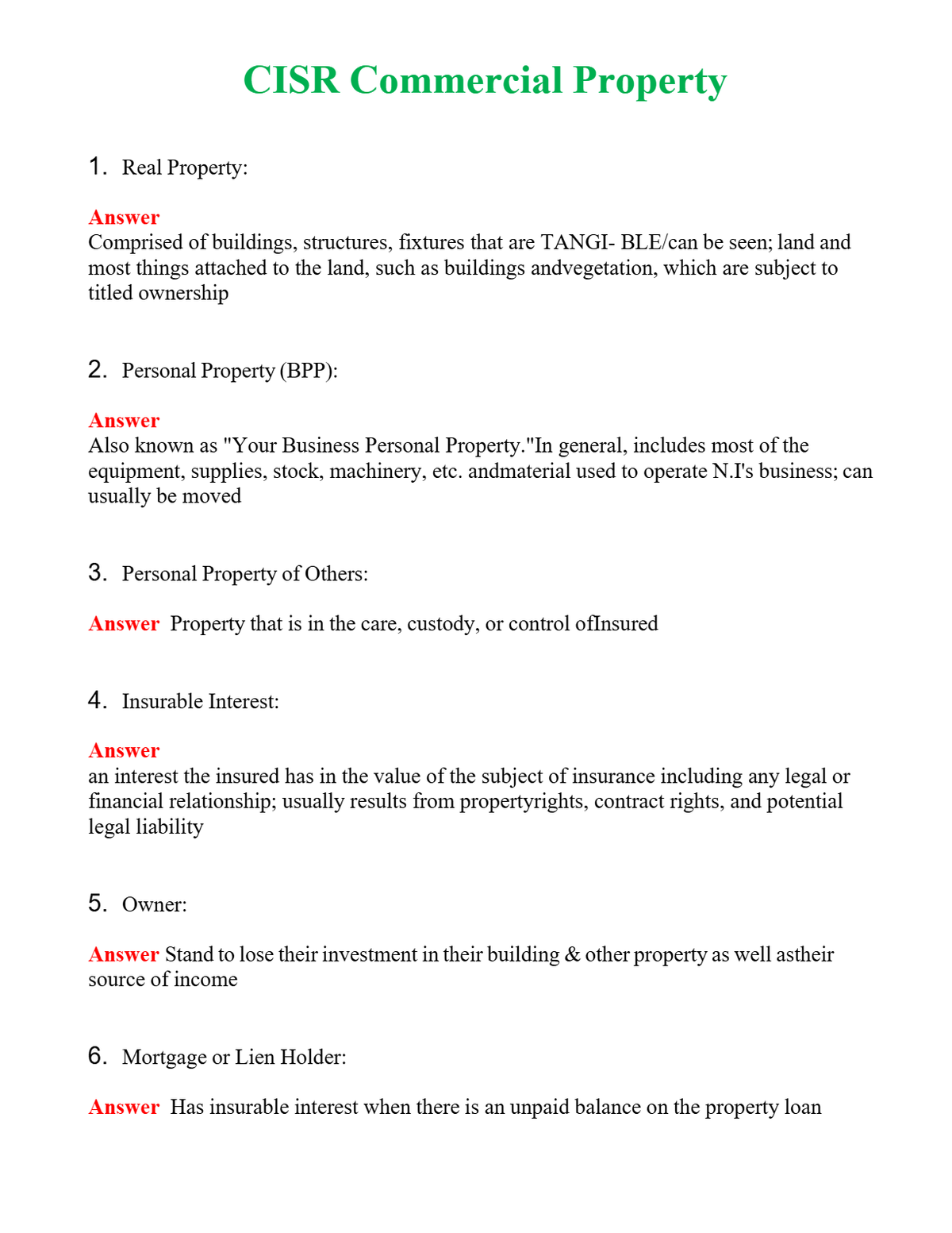 CISR Commercial Property Questions With Complete Grade A+ Answers
