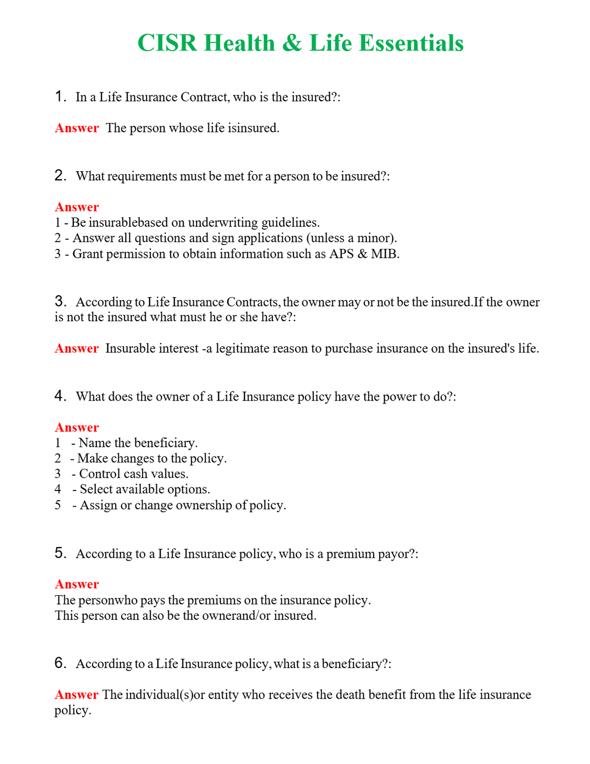 CISR Health & Life Essentials (Latest 2024) Questions With Complete Grade A+ Answers