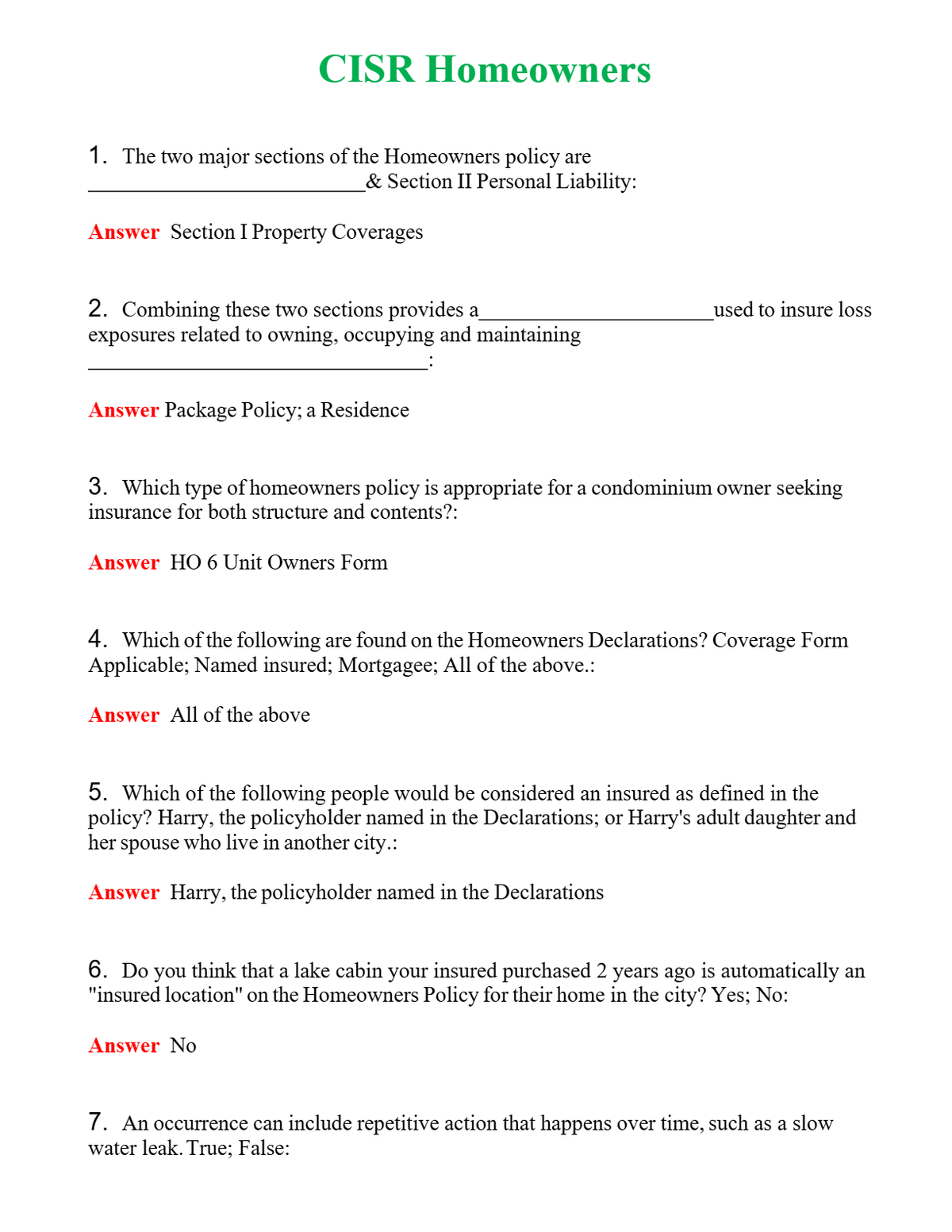 CISR Homeowners Questions With Complete Grade A+ Answers