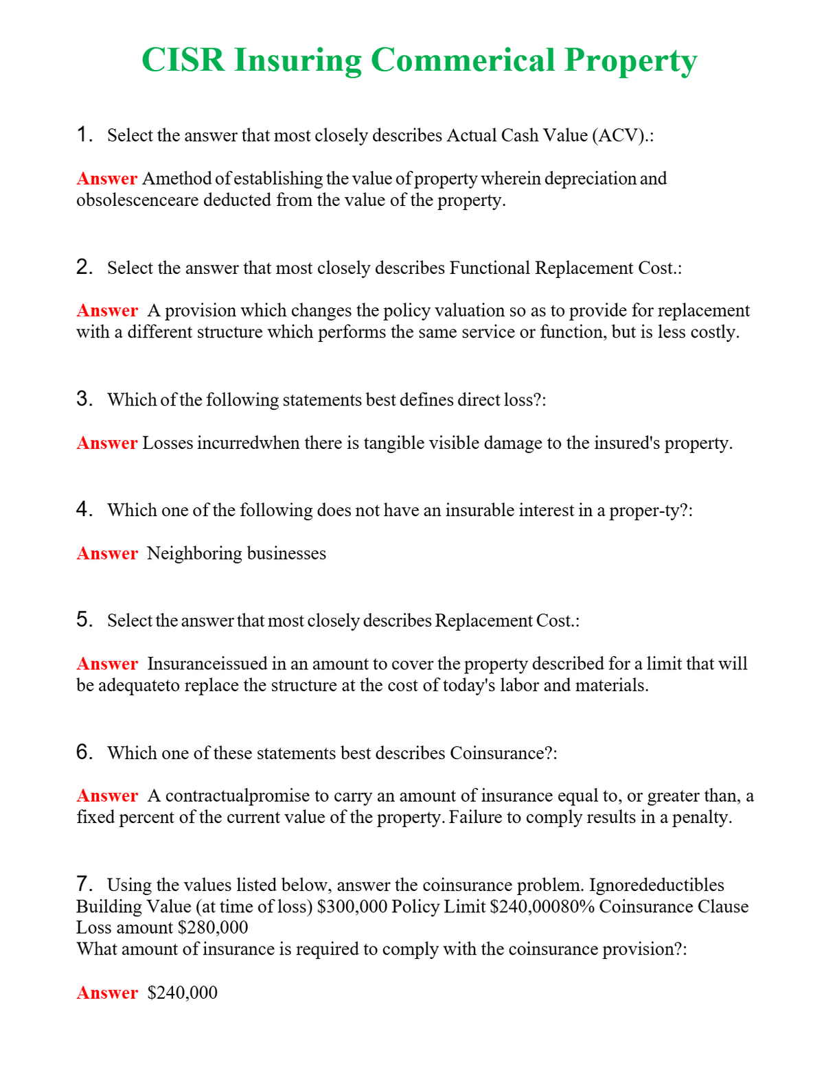 CISR Insuring Commerical Property Questions With Complete Grade A+ Answers